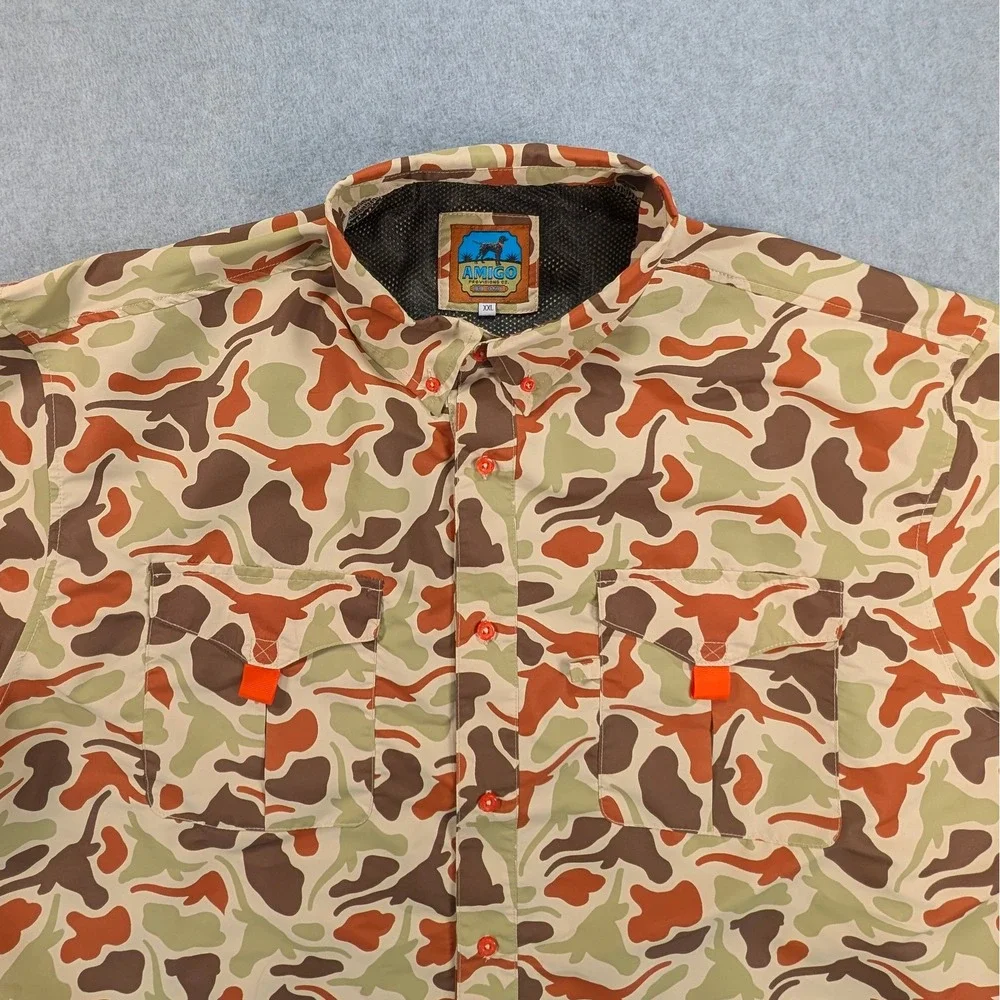 Amigo Provisions Co Mens XXL Camo Texas Longhorn Short Sleeve Fishing Shirt Camo